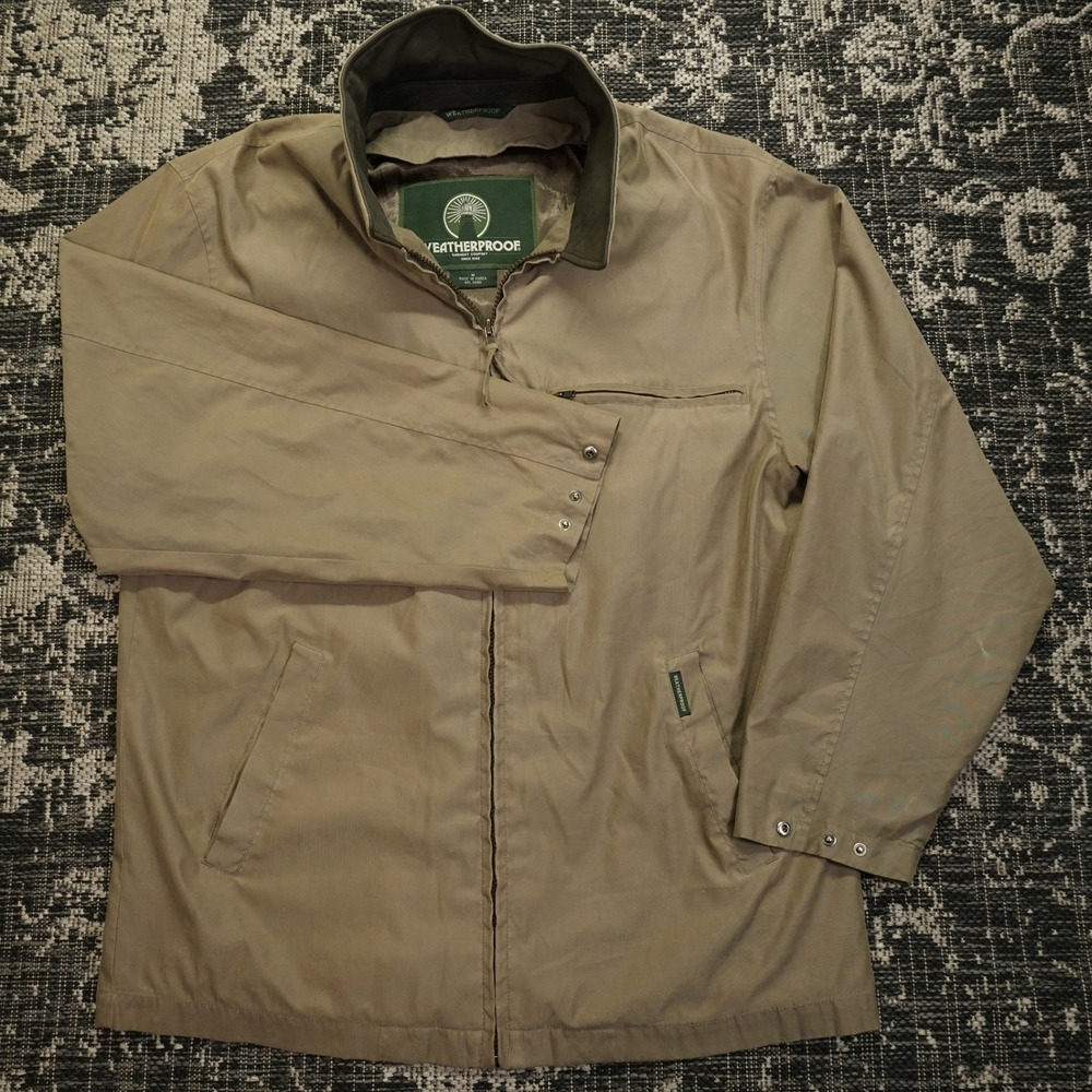 Weatherproof Jacket M Beige Tan Leather Trim Preppy Retro Full Zip Lightweight